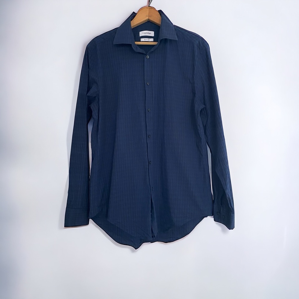 Calvin Klein Button Up Shirt Sz Med 15-15.5 32/33 Slim Fit Stretch Blue